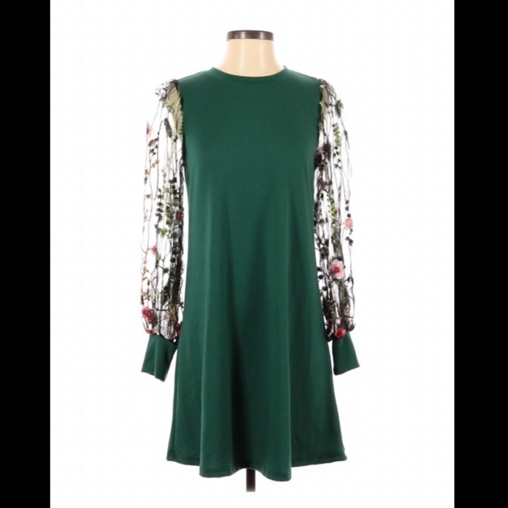 Embroidered mesh sleeve shift dress, size small